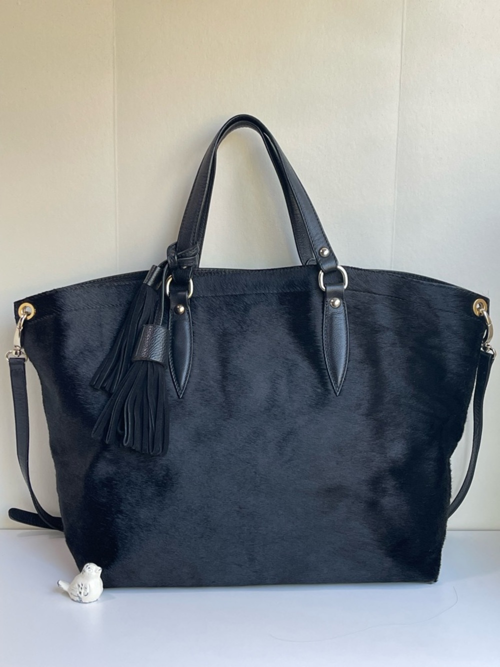 PULICATI Black Calf Hair Leather Satchel Crossbody